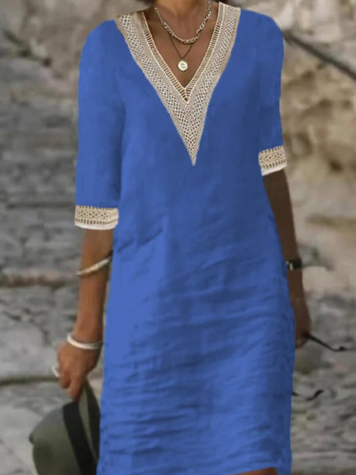 Women's cotton-linen casual V-neck dress, lightweight fabric, breathable for warm weather, relaxed fit, versatile style.