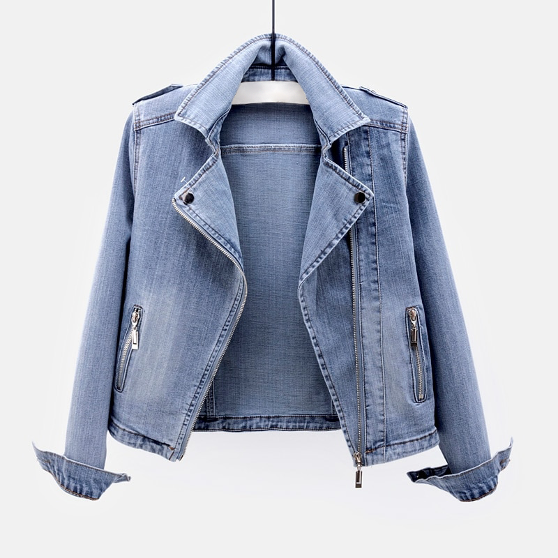 Women's denim jacket with button closure, tailored fit, pockets, and classic collar, available in Navy and Light Blue.