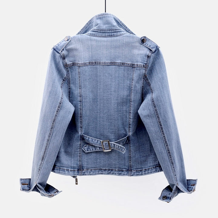 Women's denim jacket with button closure, tailored fit, pockets, and classic collar, available in Navy and Light Blue.