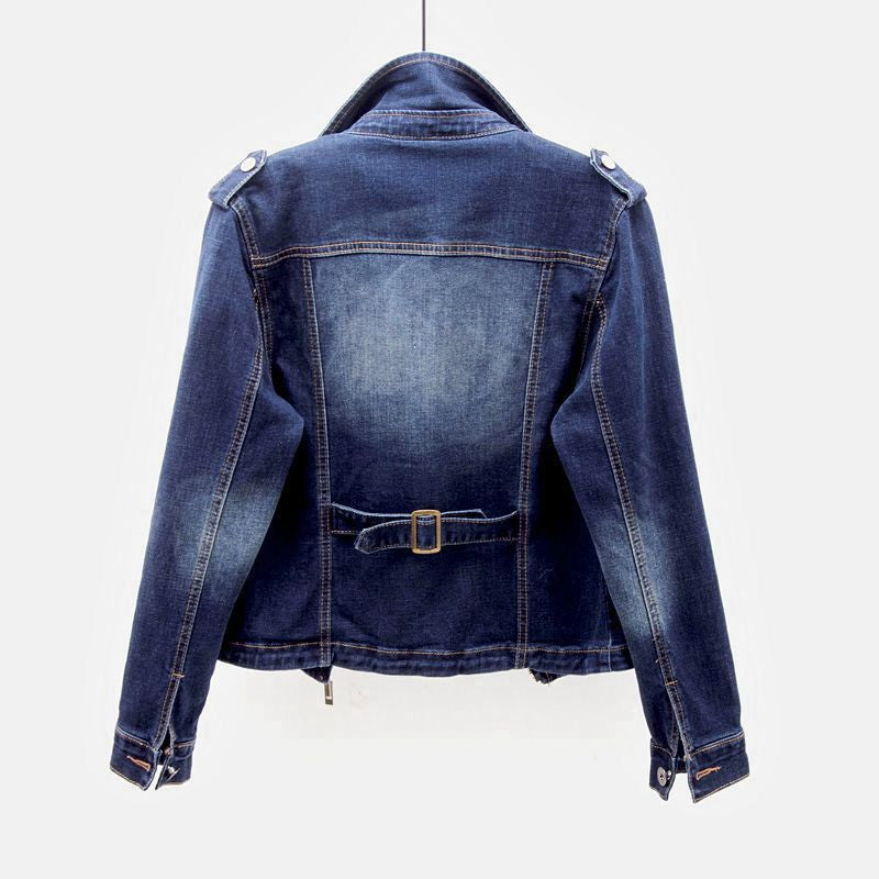 Women's denim jacket with button closure, tailored fit, pockets, and classic collar, available in Navy and Light Blue.