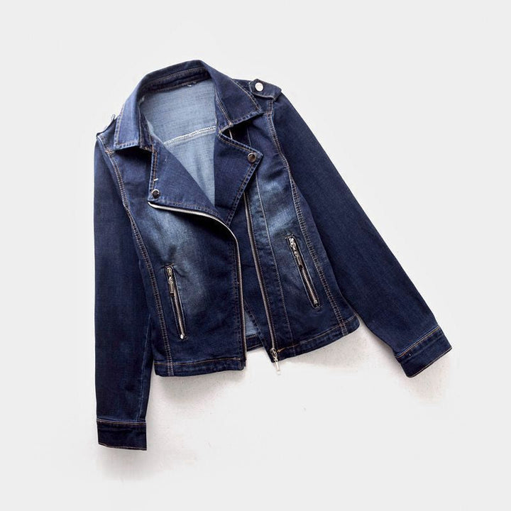 Women's denim jacket with button closure, tailored fit, pockets, and classic collar, available in Navy and Light Blue.