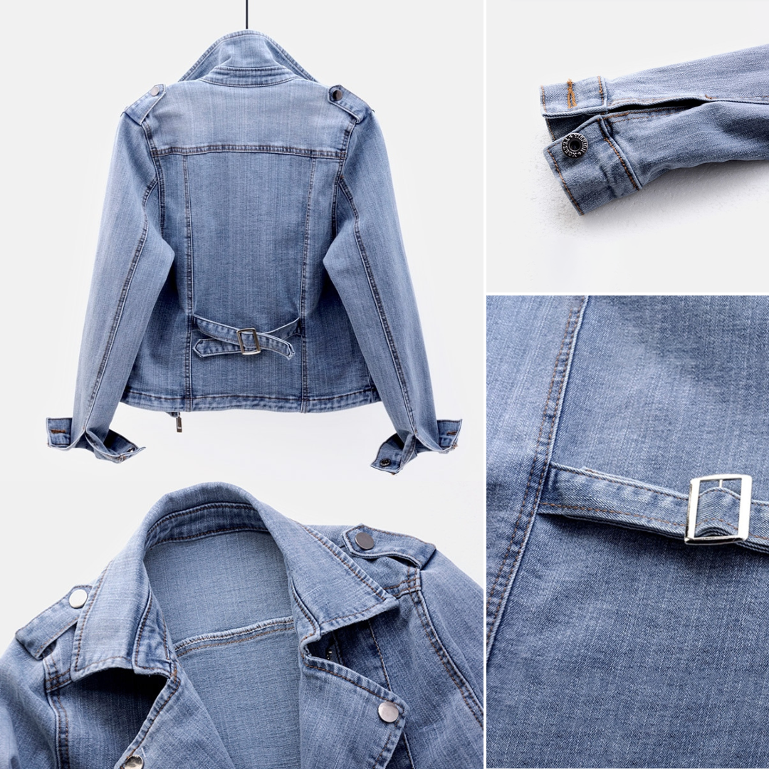 Women's denim jacket with button closure, tailored fit, pockets, and classic collar, available in Navy and Light Blue.