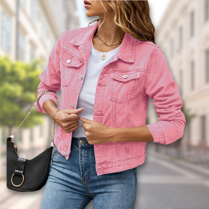 "Women's denim jacket with button-up front, available in multiple colors, adds chic style for all-season versatility."