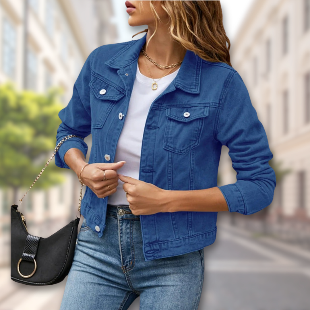 "Women's denim jacket with button-up front, available in multiple colors, adds chic style for all-season versatility."