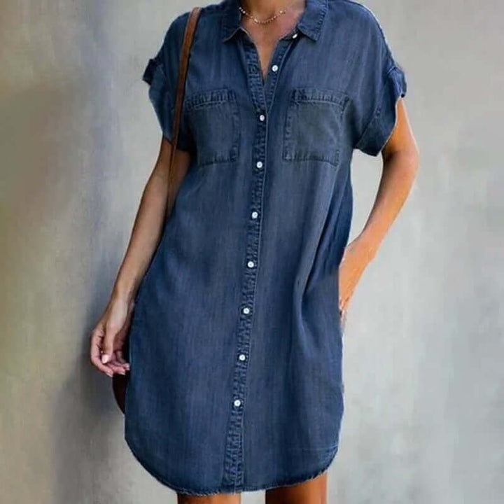 Women's denim shirt dress, short sleeves, button-down front, knee-length, relaxed fit, perfect for casual elegance.