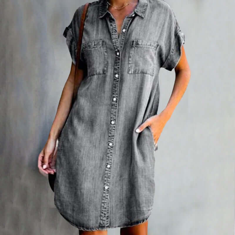 Women's denim shirt dress, short sleeves, button-down front, knee-length, relaxed fit, perfect for casual elegance.