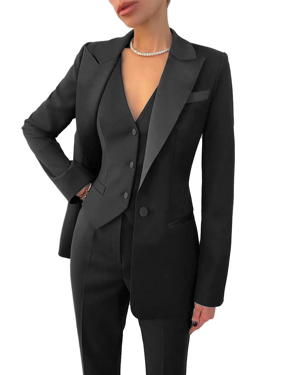 Women's elegant 3-piece tailored suit set: classic blazer, sleek buttoned vest, sharp straight-leg trousers.