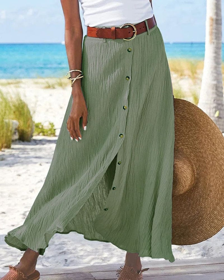 Women's elegant button-front maxi skirt, flowy design, high-rise waist, perfect for spring and summer, chic and stylish.
