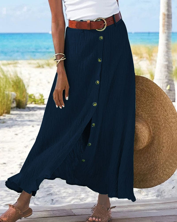 Women's elegant button-front maxi skirt, flowy design, high-rise waist, perfect for spring and summer, chic and stylish.