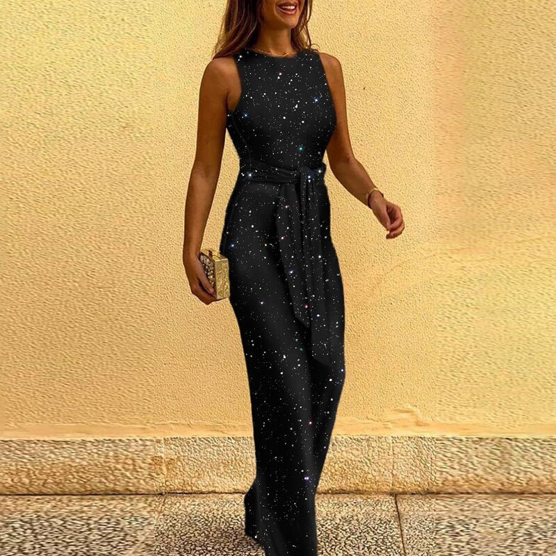 "Women's elegant sequin jumpsuit, dazzling and tailored for evening events, sparkles with every move against a plush lining."