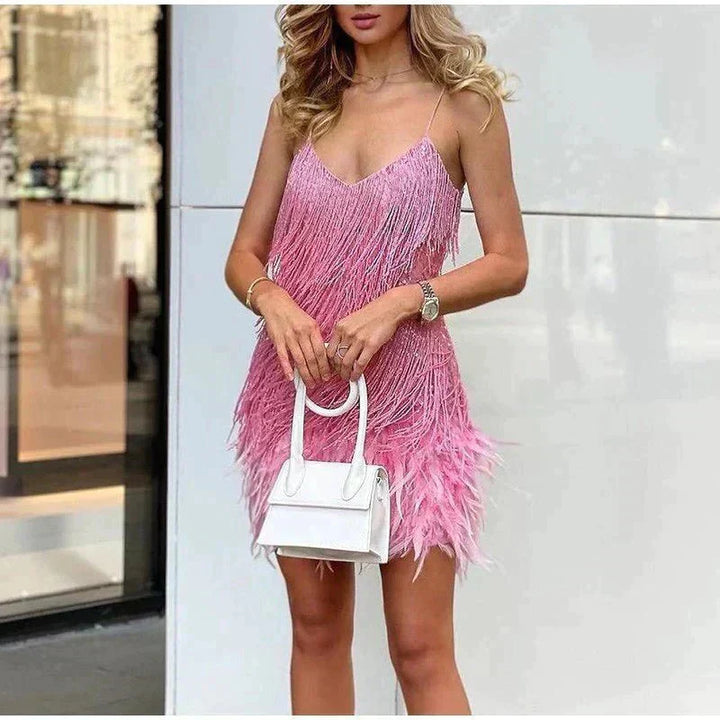 Women's Feather Mini Dress with delicate feather accents, chic silhouette, perfect for special occasions and parties.