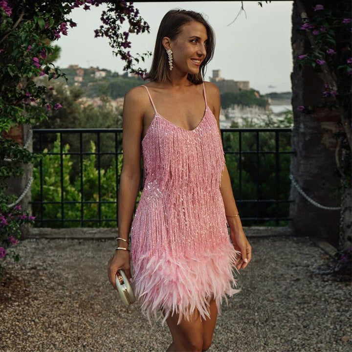 Women's Feather Mini Dress with delicate feather accents, chic silhouette, perfect for special occasions and parties.