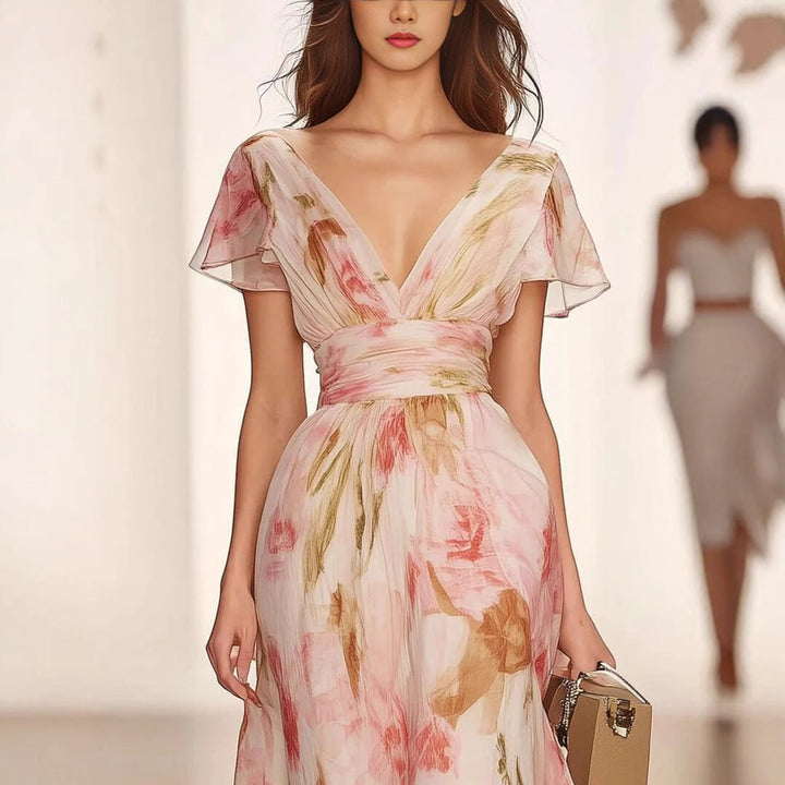 "Women's floral fit and flare maxi dress with deep V-neck and flutter sleeves, featuring an elegant and charming silhouette."