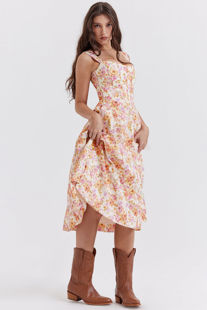 "Women's floral print midi dress, flowy and elegant Bridget sundress in vibrant colors, perfect for casual gatherings."