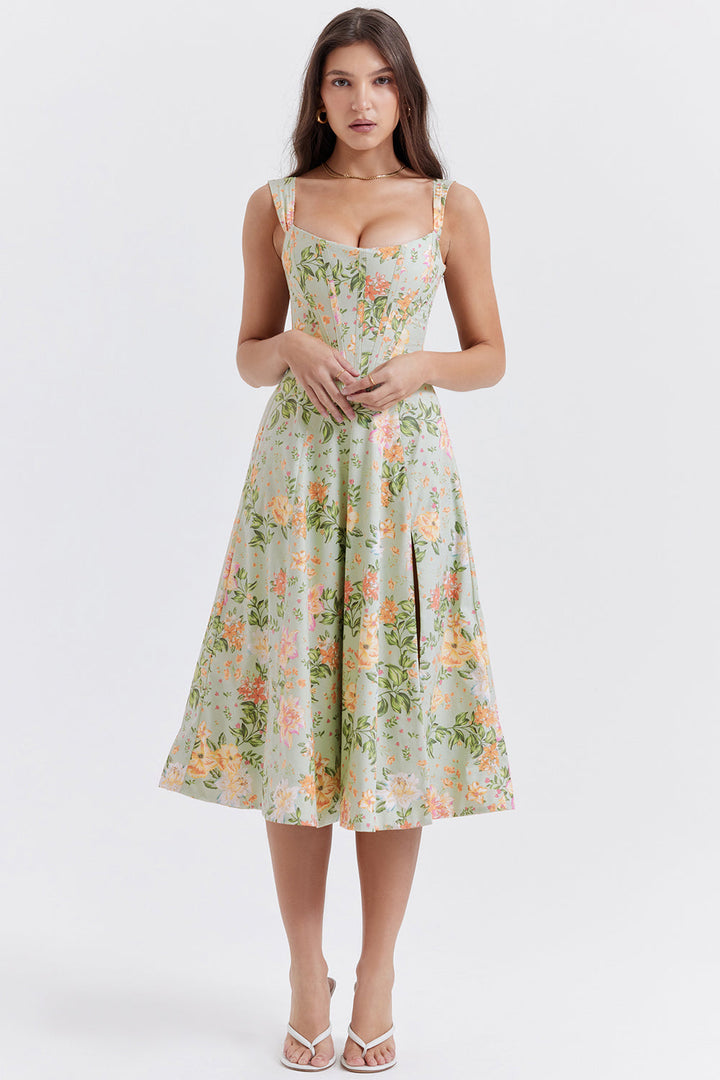 "Women's floral print midi dress, flowy and elegant Bridget sundress in vibrant colors, perfect for casual gatherings."