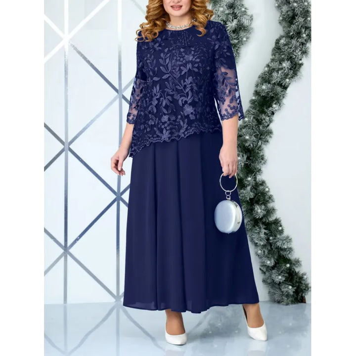 Women's formal blue maxi dress with floral lace bodice, 3/4 sleeves, and a flowing skirt for elegant formal wear.