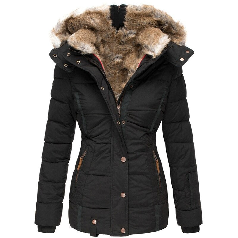 Women's fur-lined winter coat in navy blue, warm waterproof insulation, with plush lining and tailored fit for versatile styl