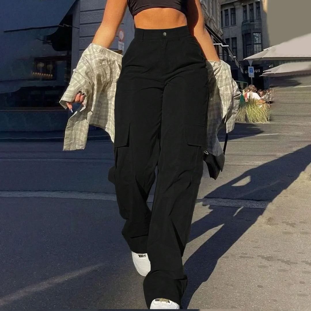 Women's high-waist cargo pants with functional pockets, showcasing durable fabric and versatile design for casual comfort.