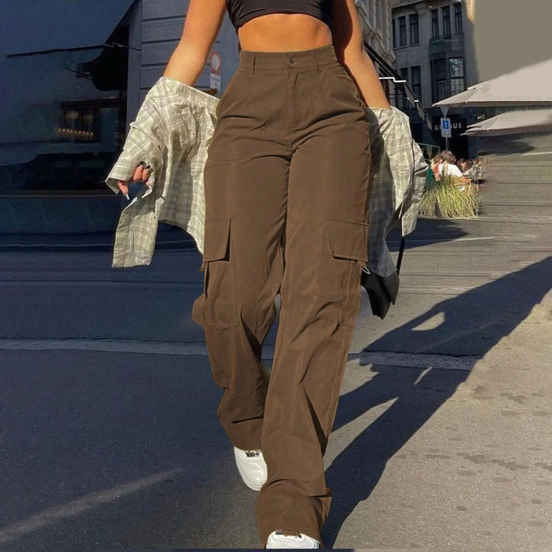 Women's high-waist cargo pants with functional pockets, showcasing durable fabric and versatile design for casual comfort.