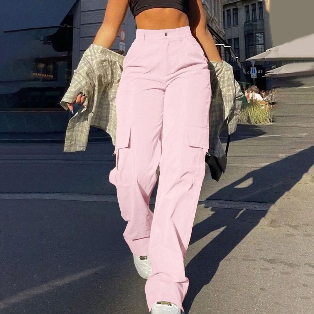 Women's high-waist cargo pants with functional pockets, showcasing durable fabric and versatile design for casual comfort.