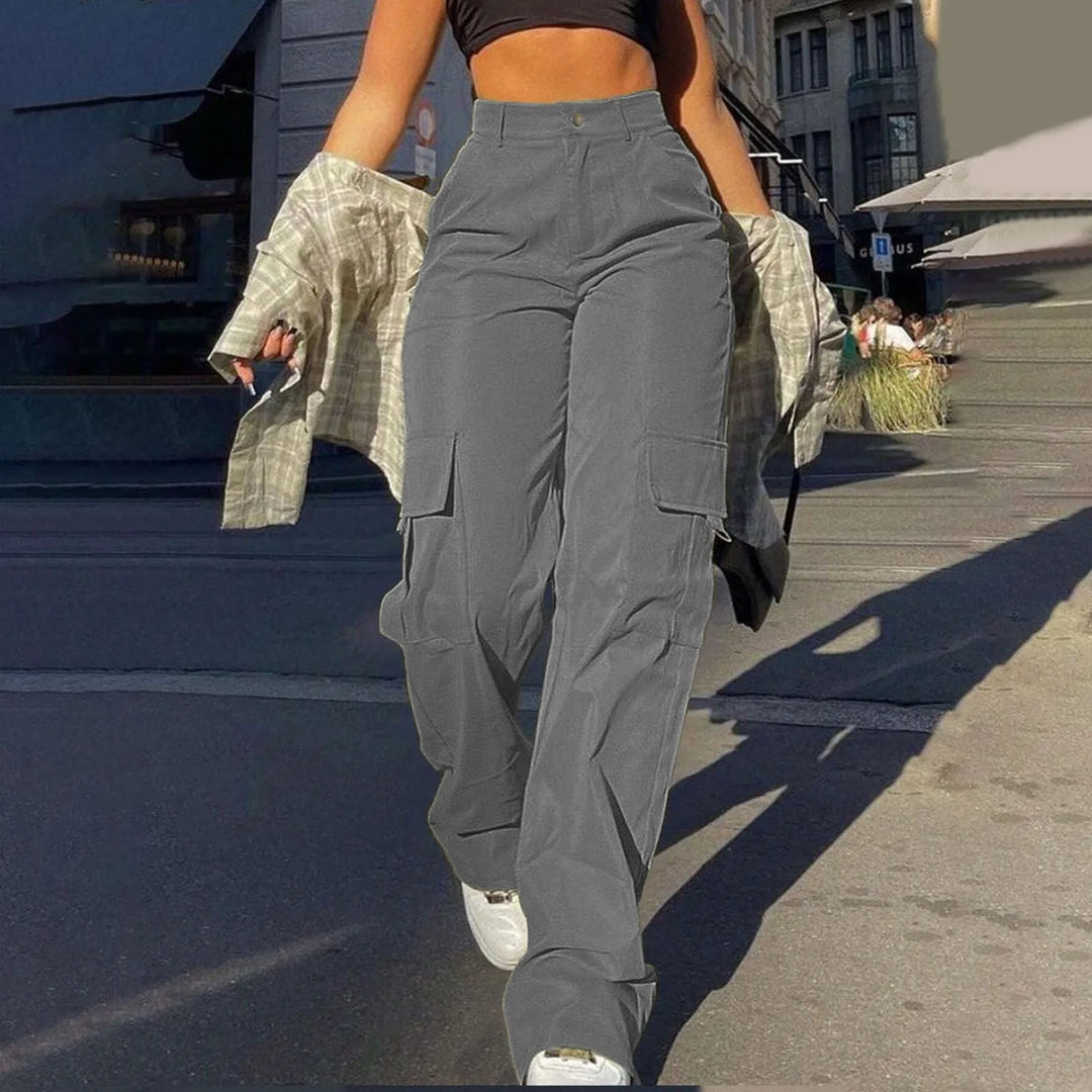 Women's high-waist cargo pants with functional pockets, showcasing durable fabric and versatile design for casual comfort.