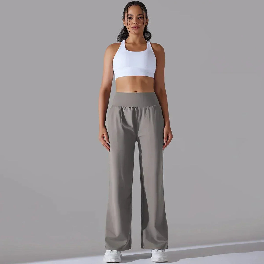 Women's high-waist wide-leg yoga pants; chic flared fit; soft, breathable fabric; ideal for yoga, gym, or casual wear.