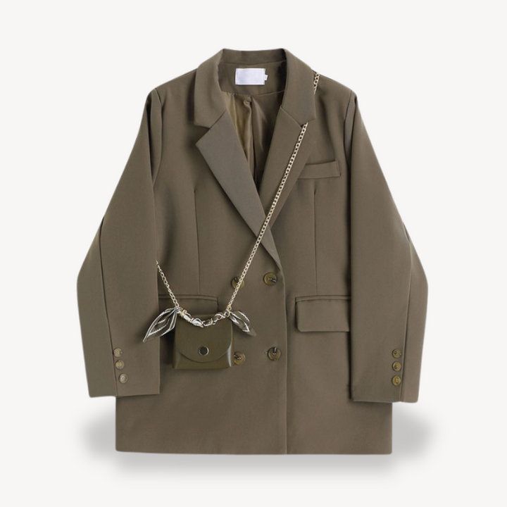 Women's khaki oversized blazer with double-breasted design, chic and relaxed fit, ideal for casual or business wear.