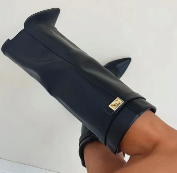 "Women's knee-high flap boots with textured design, pointed toe, block heel, side view for stylish fall fashion."