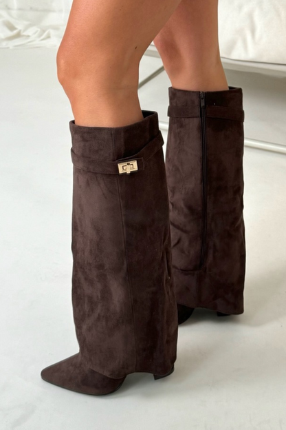 "Women's knee-high flap boots with textured design, pointed toe, block heel, side view for stylish fall fashion."