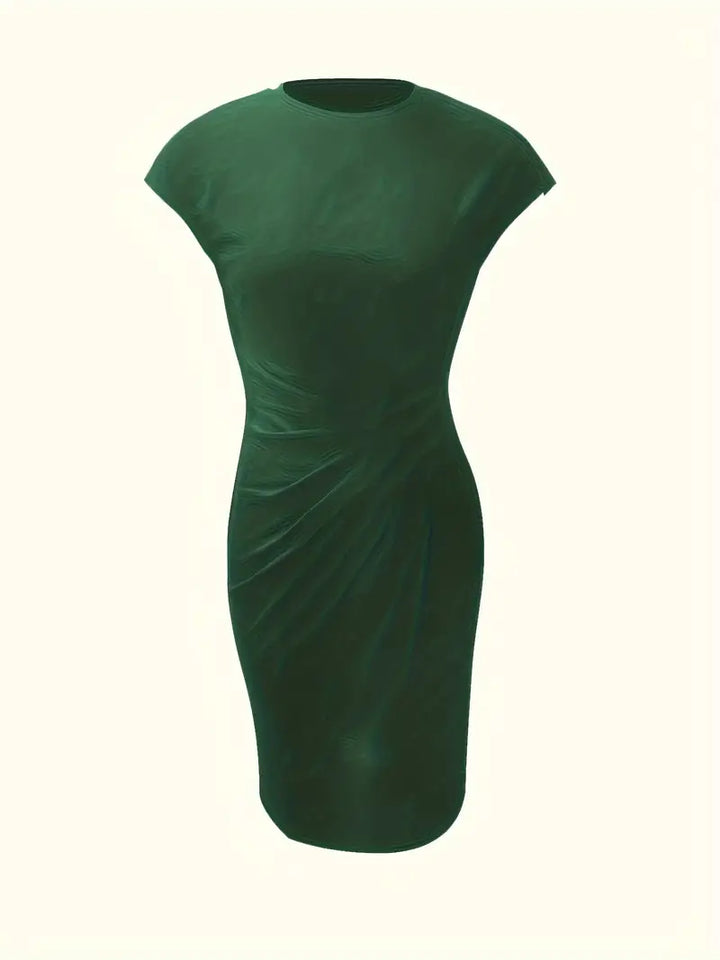 Women's knee-length sheath dress with cap sleeves and ruched waist, offering a flattering fit and elegant silhouette for any 