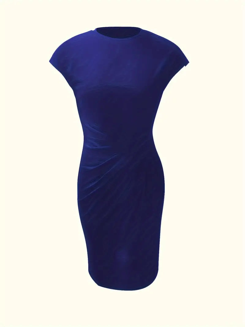 Women's knee-length sheath dress with cap sleeves and ruched waist, offering a flattering fit and elegant silhouette for any 