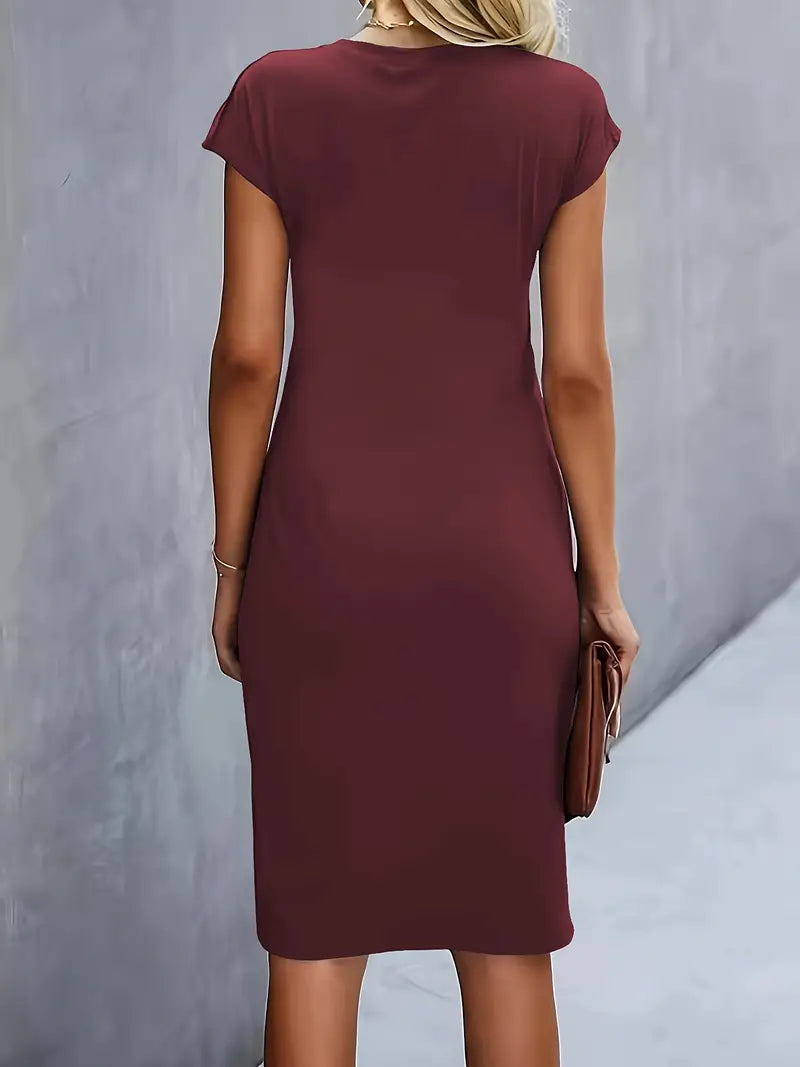 Women's knee-length sheath dress with cap sleeves and ruched waist, offering a flattering fit and elegant silhouette for any 