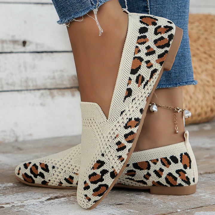 "Women's knit slip-on flats with square toe, breathable knit upper, and cushioned insole, side view."