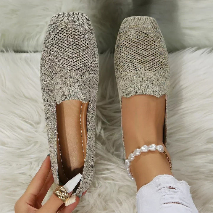 "Women's knit slip-on flats with square toe, breathable knit upper, and cushioned insole, side view."