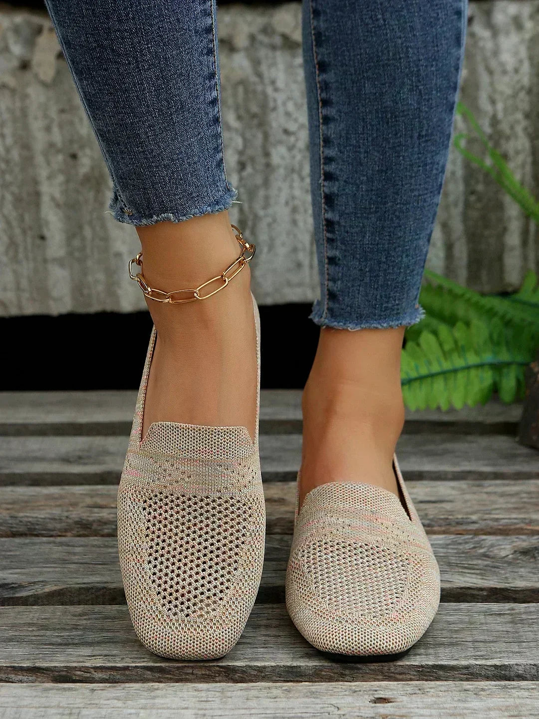 "Women's knit slip-on flats with square toe, breathable knit upper, and cushioned insole, side view."