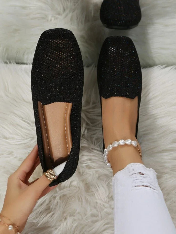 "Women's knit slip-on flats with square toe, breathable knit upper, and cushioned insole, side view."