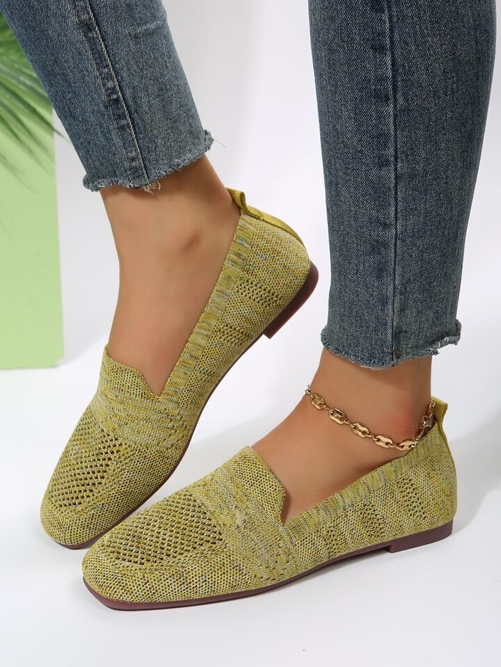 "Women's knit slip-on flats with square toe, breathable knit upper, and cushioned insole, side view."
