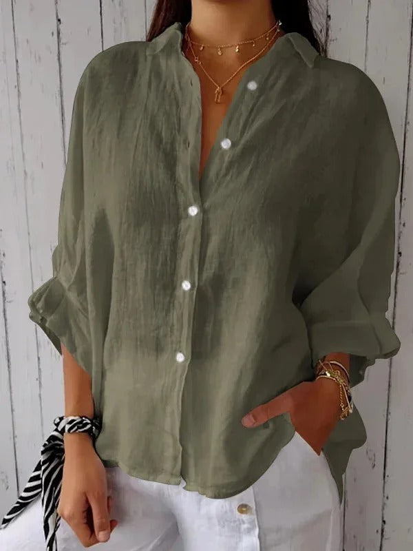 Women's linen button-up shirt, casual and breathable, lightweight fabric, relaxed fit, roll-up sleeves, versatile look.