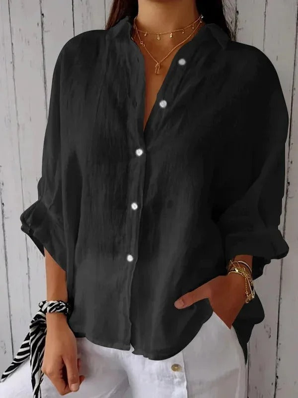 Women's linen button-up shirt, casual and breathable, lightweight fabric, relaxed fit, roll-up sleeves, versatile look.