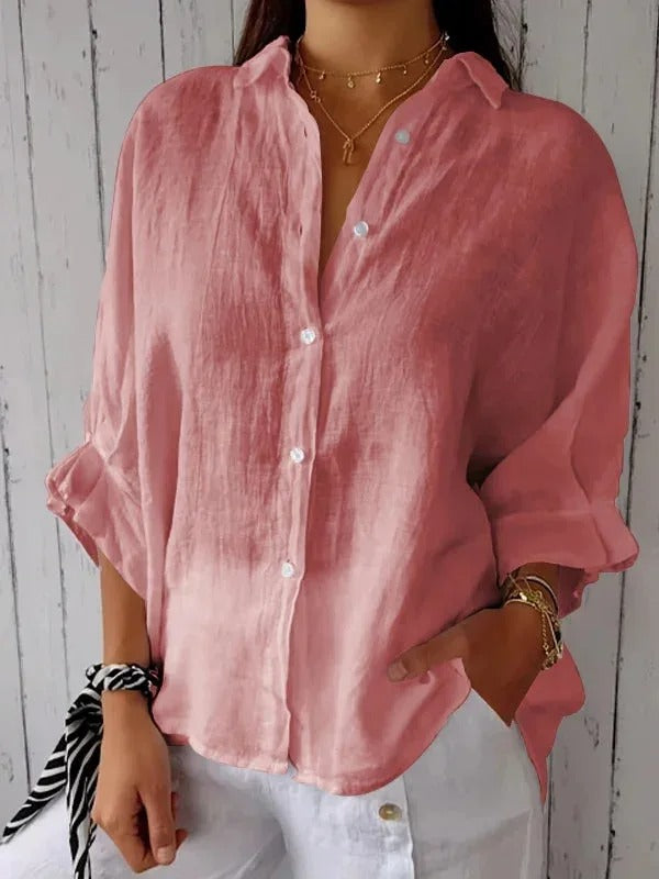 Women's linen button-up shirt, casual and breathable, lightweight fabric, relaxed fit, roll-up sleeves, versatile look.