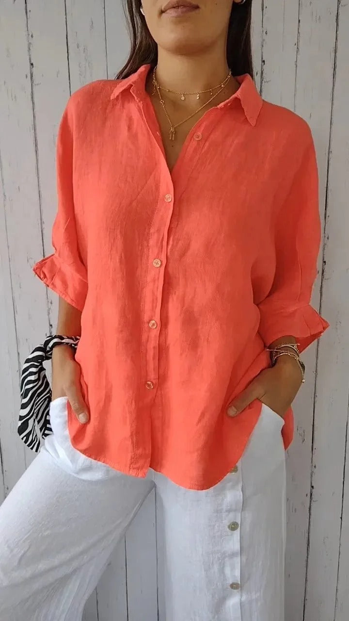 Women's linen button-up shirt, casual and breathable, lightweight fabric, relaxed fit, roll-up sleeves, versatile look.