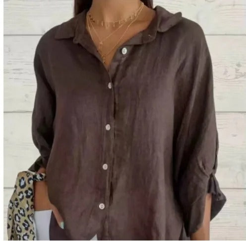 Women's linen button-up shirt, casual and breathable, lightweight fabric, relaxed fit, roll-up sleeves, versatile look.