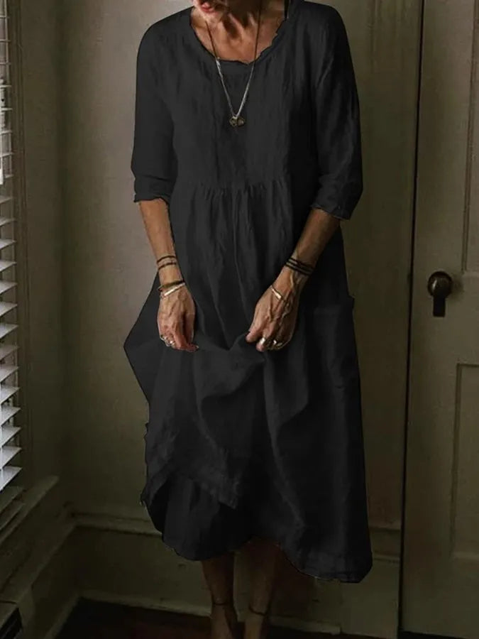 "Women's Loose Fit Cotton Linen Midi Dress with round neck, 3/4 sleeves, asymmetric hem, and pockets in various colors."