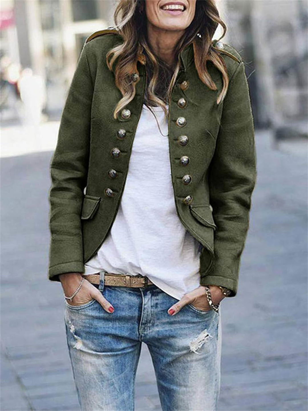 "Women's military jacket with epaulettes, hip-length, button-front, in army green; structured fit for casual elegance."
