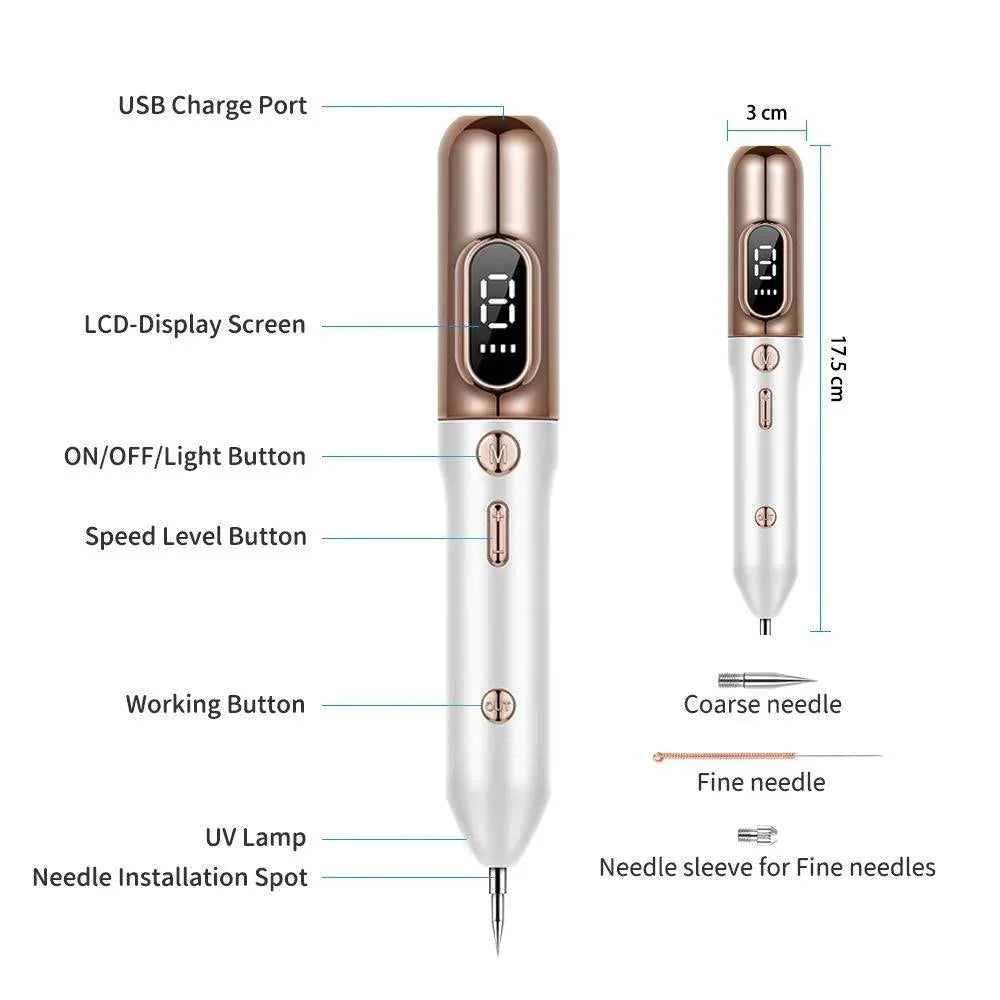 "Women's multipurpose plasma pen for skin treatment, sleek design, 9 intensity levels, for removing skin tags and blemishes."