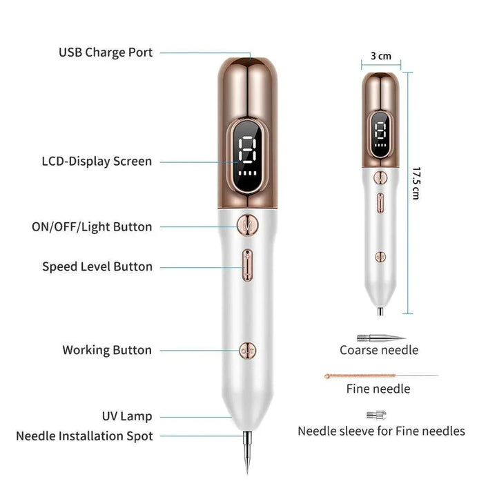 "Women's multipurpose plasma pen for skin treatment, sleek design, 9 intensity levels, for removing skin tags and blemishes."