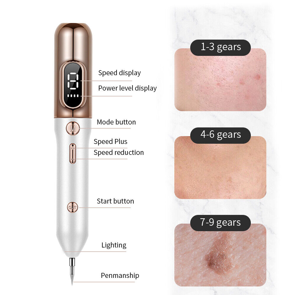 "Women's multipurpose plasma pen for skin treatment, sleek design, 9 intensity levels, for removing skin tags and blemishes."