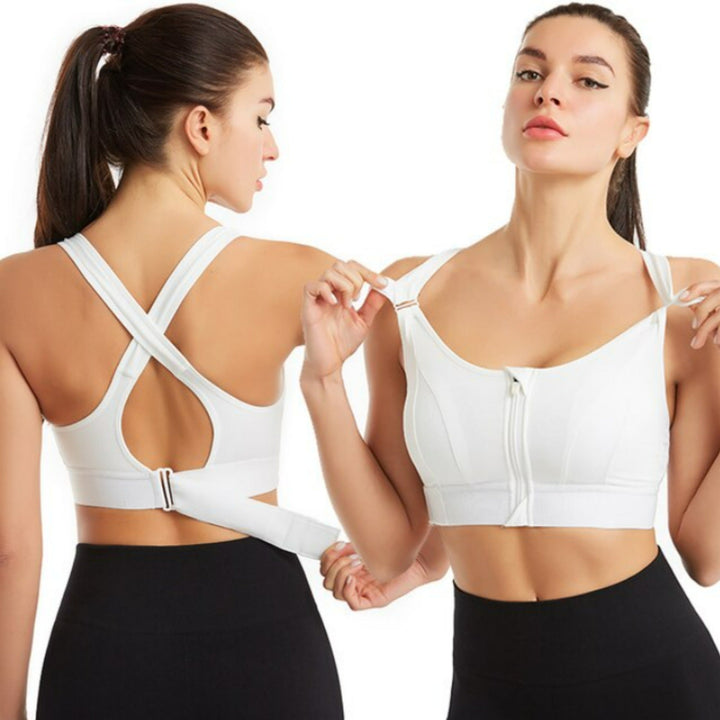"Women's no-bounce sports bra, high-support, ideal for intense workouts, front view with sleek design, and adjustable straps.