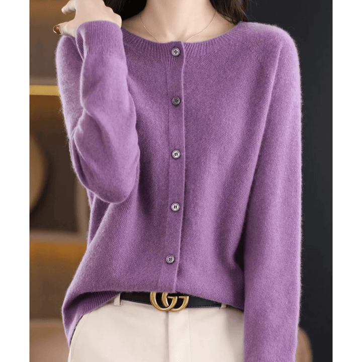 Women's O-neck cashmere-like wool sweater, full-length cardigan, button-down, tailored fit, classic V-neck style.