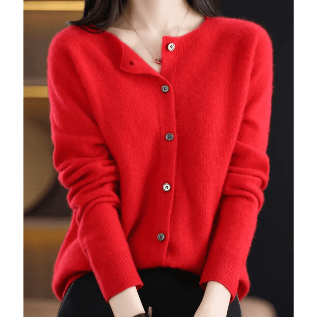 Women's O-neck cashmere-like wool sweater, full-length cardigan, button-down, tailored fit, classic V-neck style.